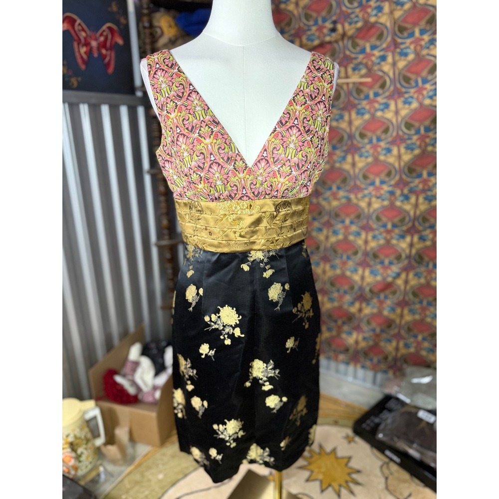 Phoebe Couture Mixed Print Cocktail Dress Black Gold Floral Paisley Satin Size 4
